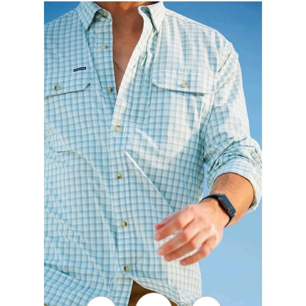 Poncho Bird Island Fishing Shirt Mens 3XL Blue Gingham Magnetic Pocket LS Vented - Picture 16 of 16